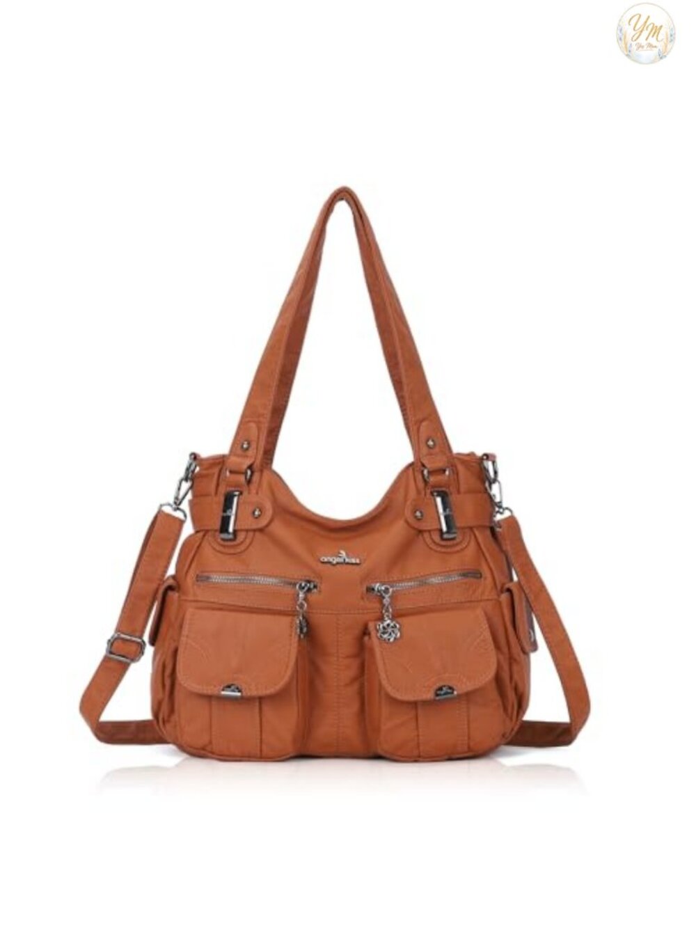 Large Faux Leather Hobo Handbag Double Zipper Multi Pocket Purse
